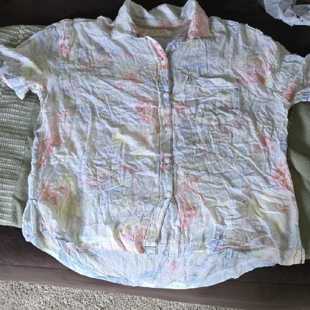 We the Free Top Womens Small Floral Button Up Good Vibes Boho Hawaiian Slouchy